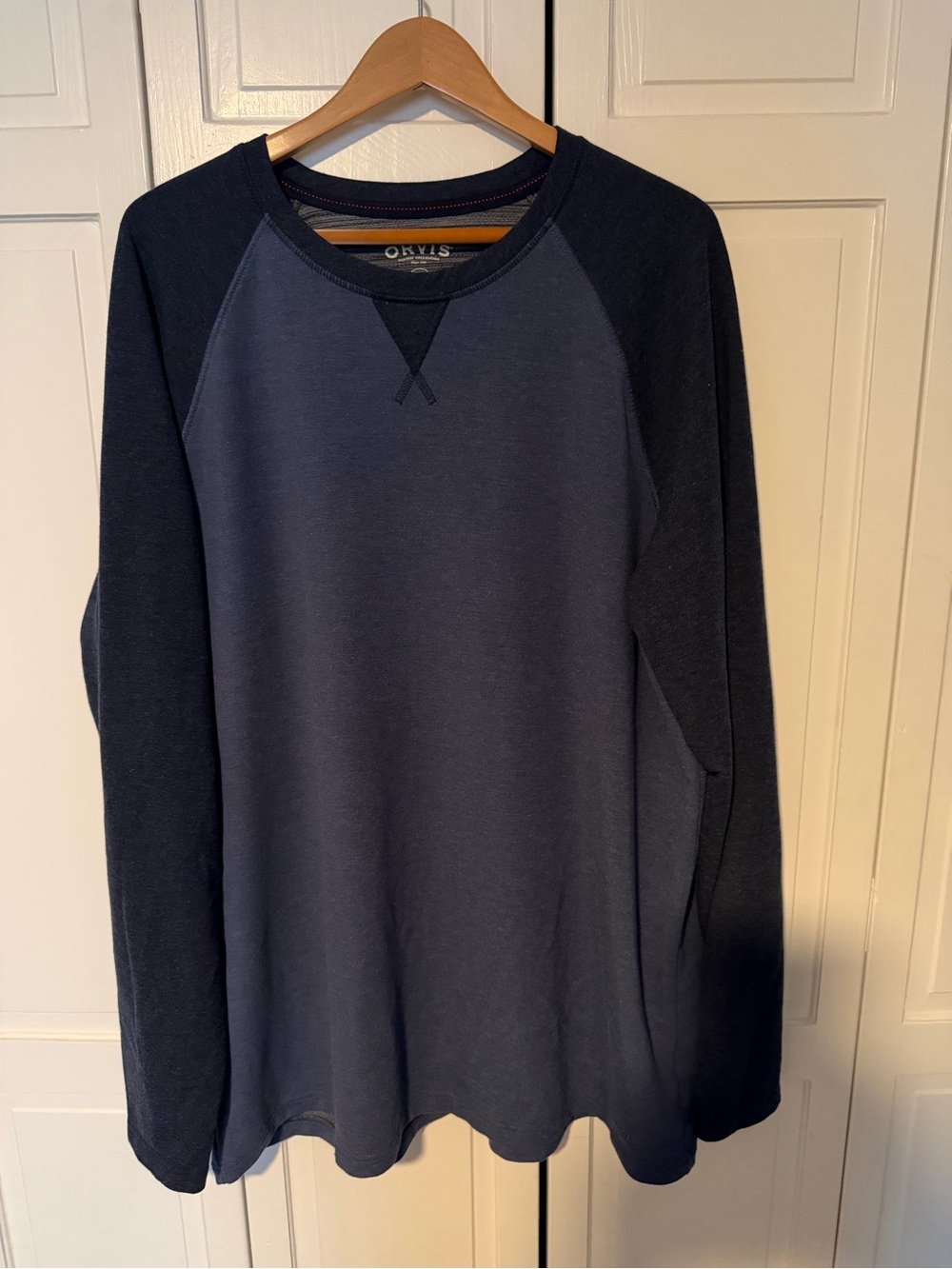 Orvis Classic Collection Mens XXL Raglan Long Sleeve Shirt Navy Blue Stretch